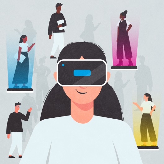 Woman with VR headset engaging with other people online thumbnail